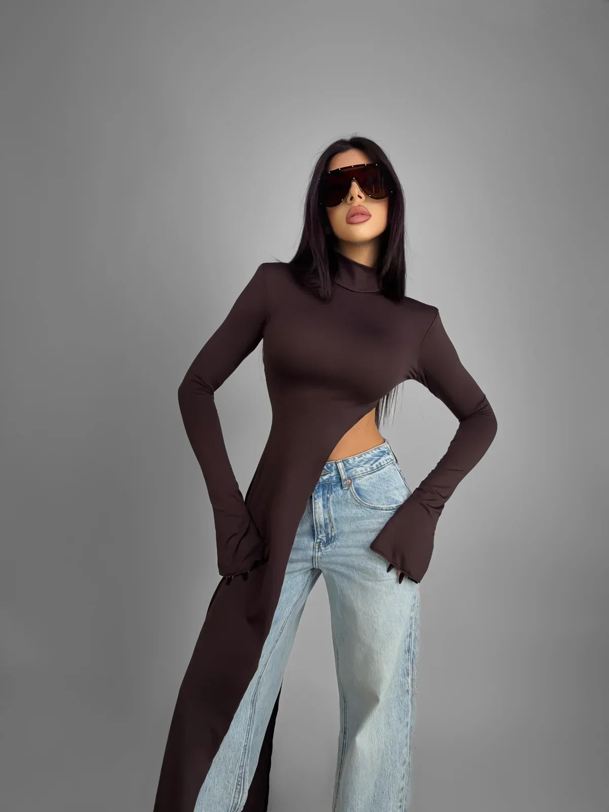 Top Mesh Marrón Manga Larga Sheer